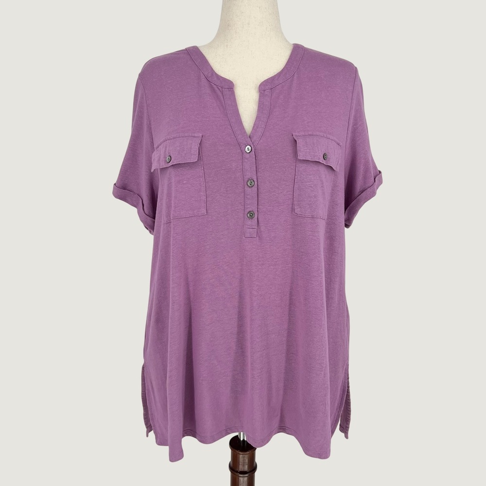 J. Jill Womens Linen Blend Short Sleeve Henley Tunic Top Size L Summer Lagenlook